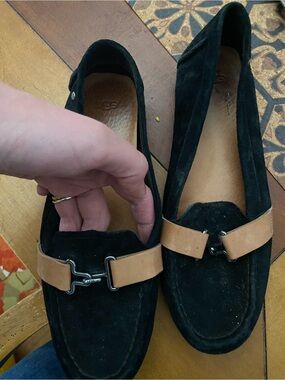 Women’s UGG Black Suede Loafers with Tan Accent